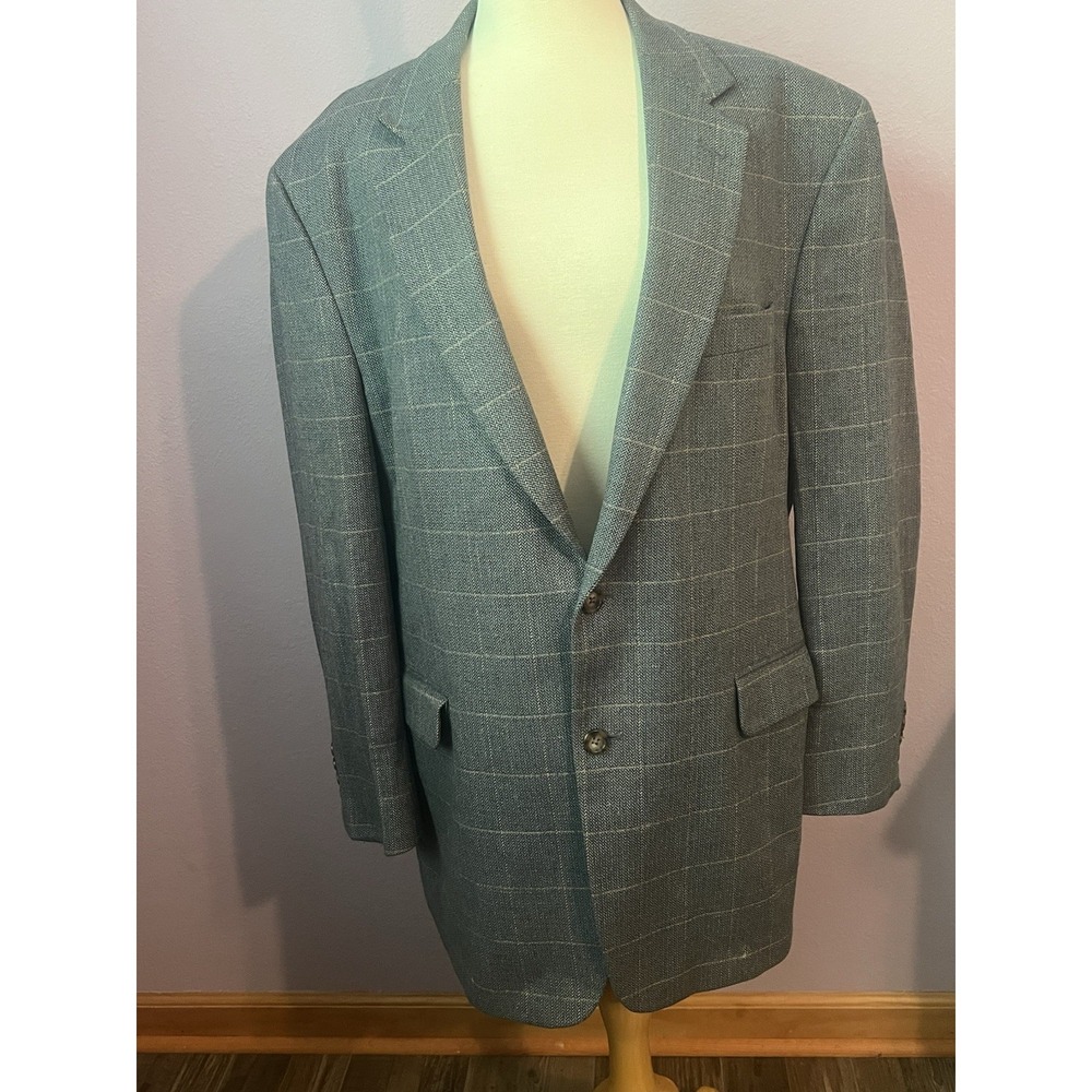 JoS. A. Bank Grey Gray Plaid 44R Men's Suit Coat Jacket Silk Cashmere Wool Linen